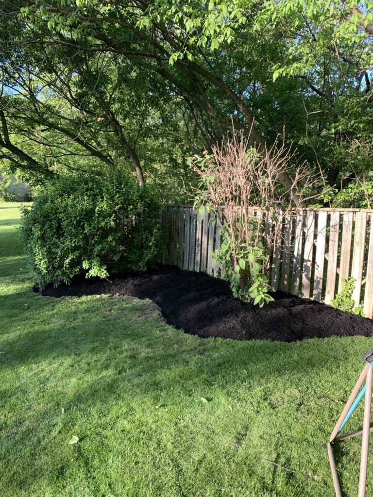 A black mulch bed in a yard with a fence.